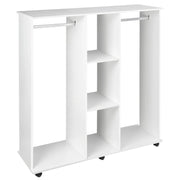 ARMADIO GUARDAROBA A ROTELLE CON 2 BARRE E 3 RIPIANI APERTI, IN LEGNO E ALLUMINIO, 120X40X128 CM, BIANCO