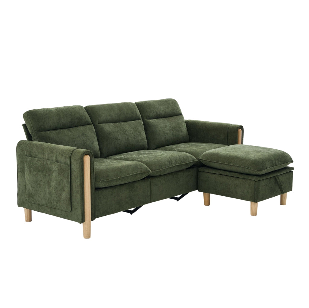 Divano angolare 3 posti 201x77x86 cm verde con contenitore, chenille e tasche laterali
