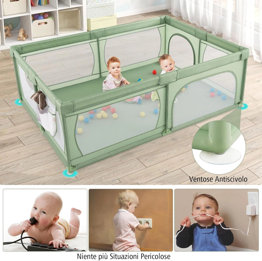 Recinto per Bambini, Box per Neonati con Rete Traspirante, Centro Attività con 50 Palline, Box Giochi per Bambini 0-3 Anni (Verde, 206 x 147 cm)