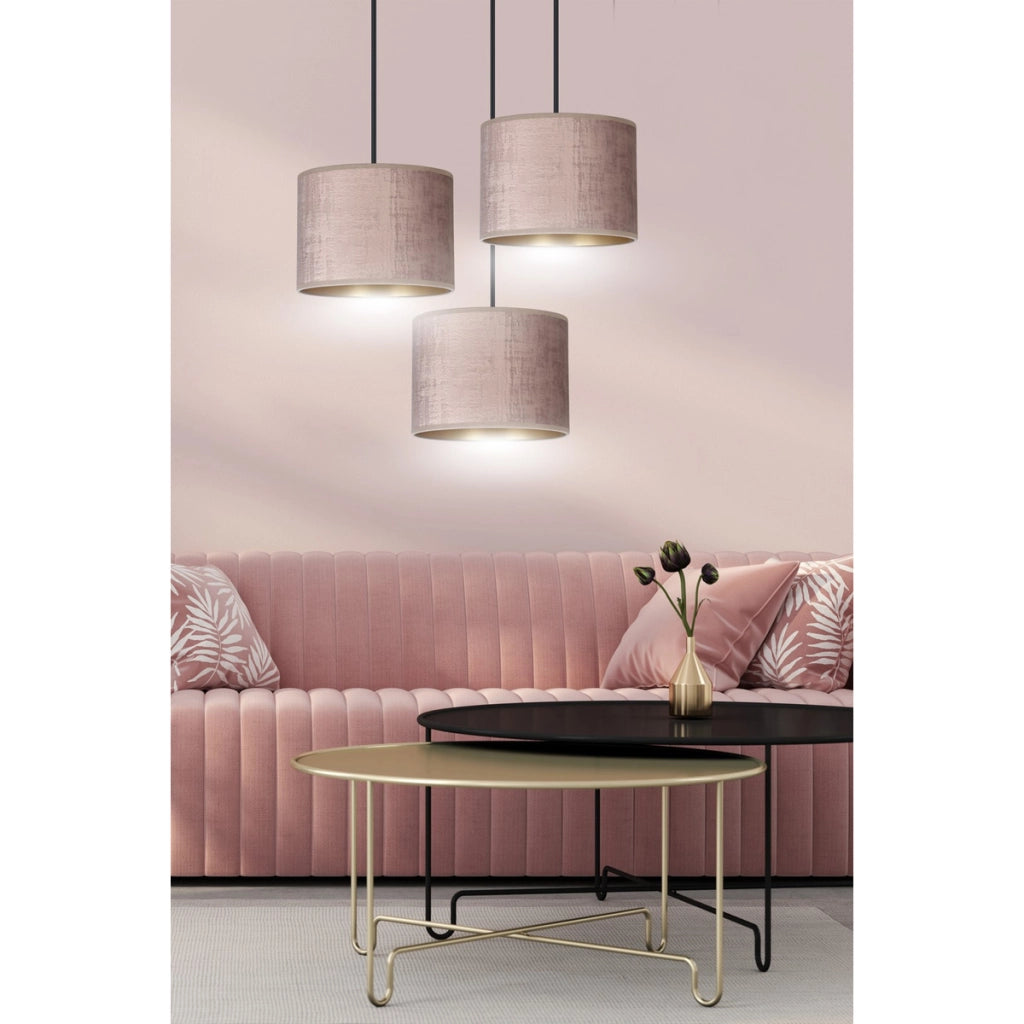 Set di lampade a sospensione Hilde in acciaio e velluto rosa