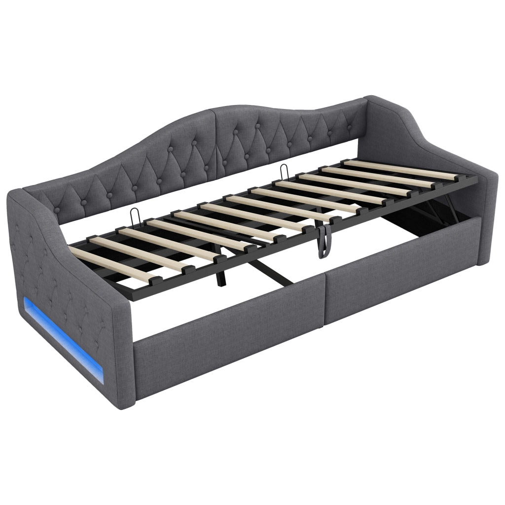 Letto a Divanetto 90x200 cm; Contenitore; LED; in MDF e Compensato; Grigio