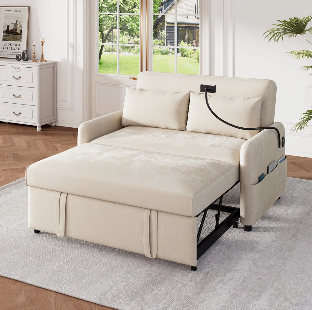 Divano letto estraibile 2 posti con schienale regolabile e porte USB in chenille beige
