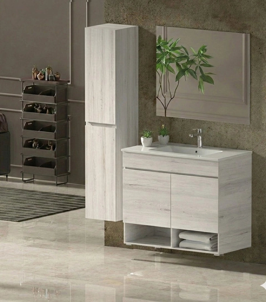 Mobile Bagno NEBARI Già Montato 2 portas, lavabo e specchio Bianco nordico 60x35 cm con colonna