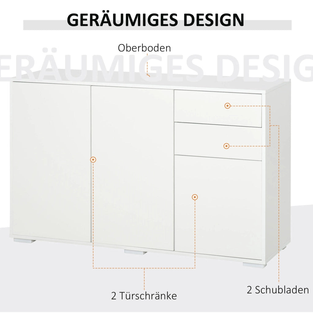 Credenza bianca con 2 cassetti e 3 ante, armadio versatile 117x36x74 cm