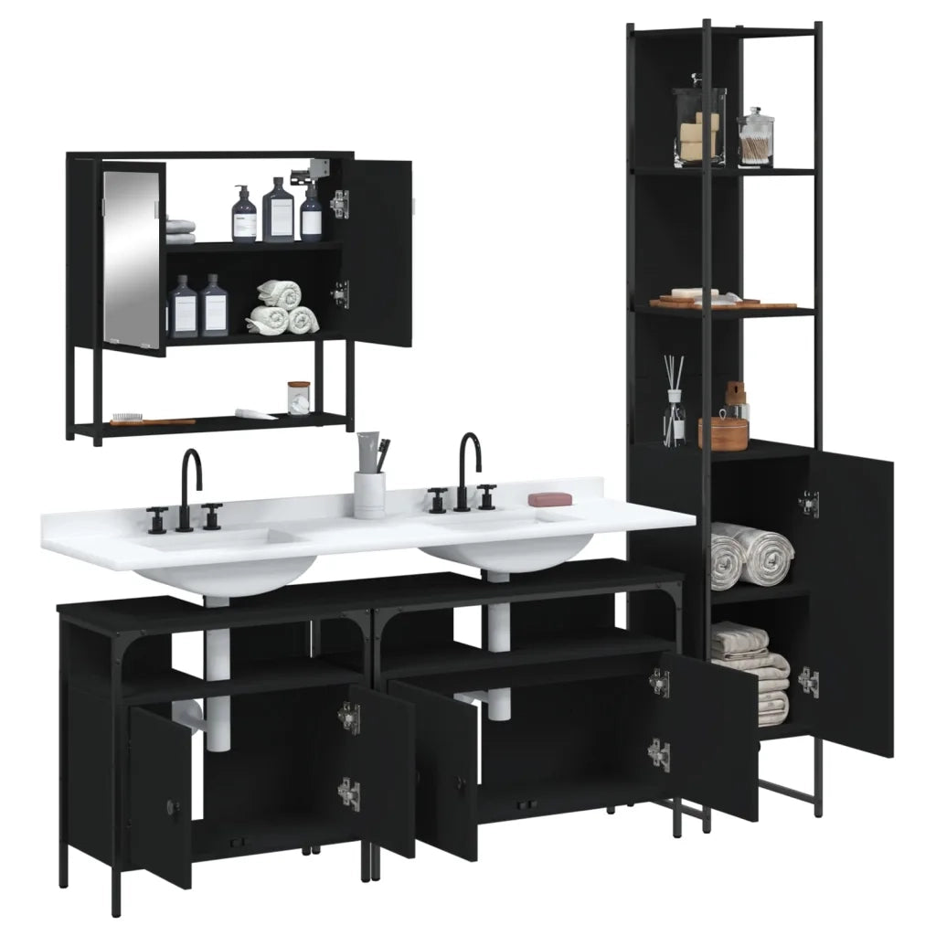 Set Mobili da Bagno 4 pz Nero in Legno Multistrato