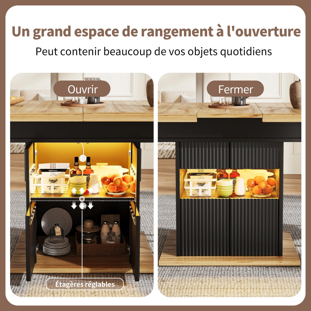 Tavolo da pranzo allungabile con vano contenitore chiuso; ripiano regolabile e illuminazione LED; per cucina e sala da pranzo; 110 × 80 × 76 cm
