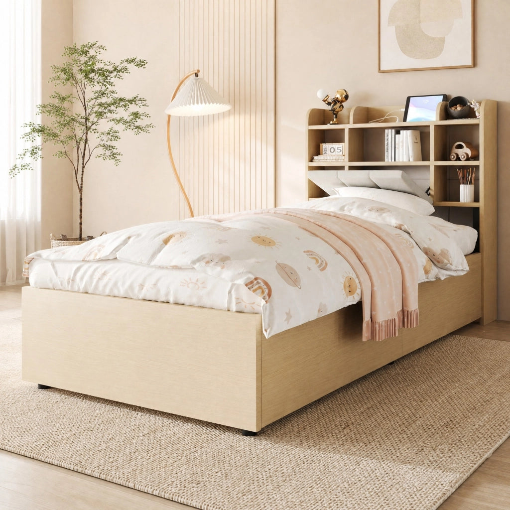 LETTO Contenitore Idraulico 90x200 cm MDF Colore Legno Naturale con USB e USB-C