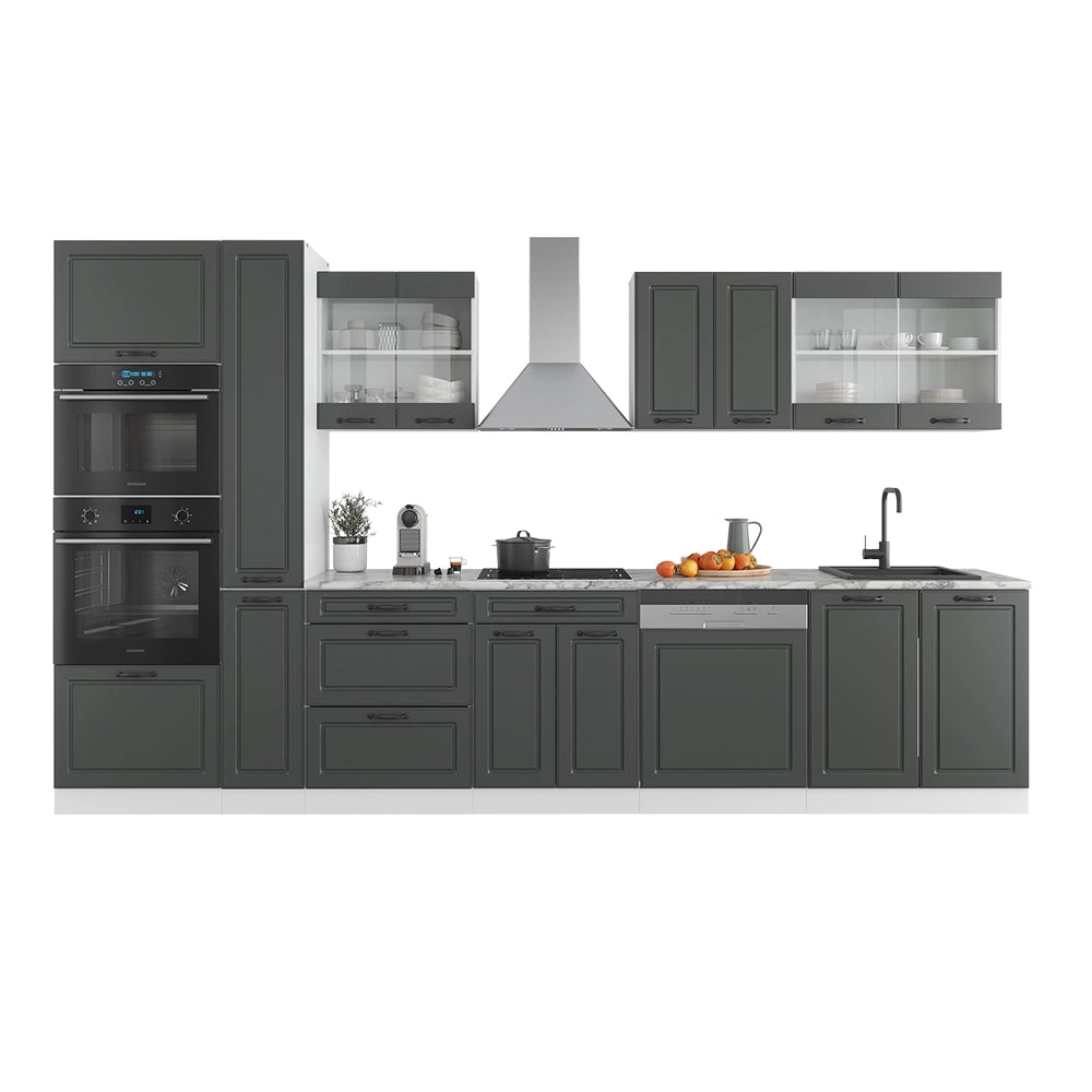 Mobile da cucina R-Line Antracite rustico/Bianco 350 cm con armadio alto, PL Rovere Vicco