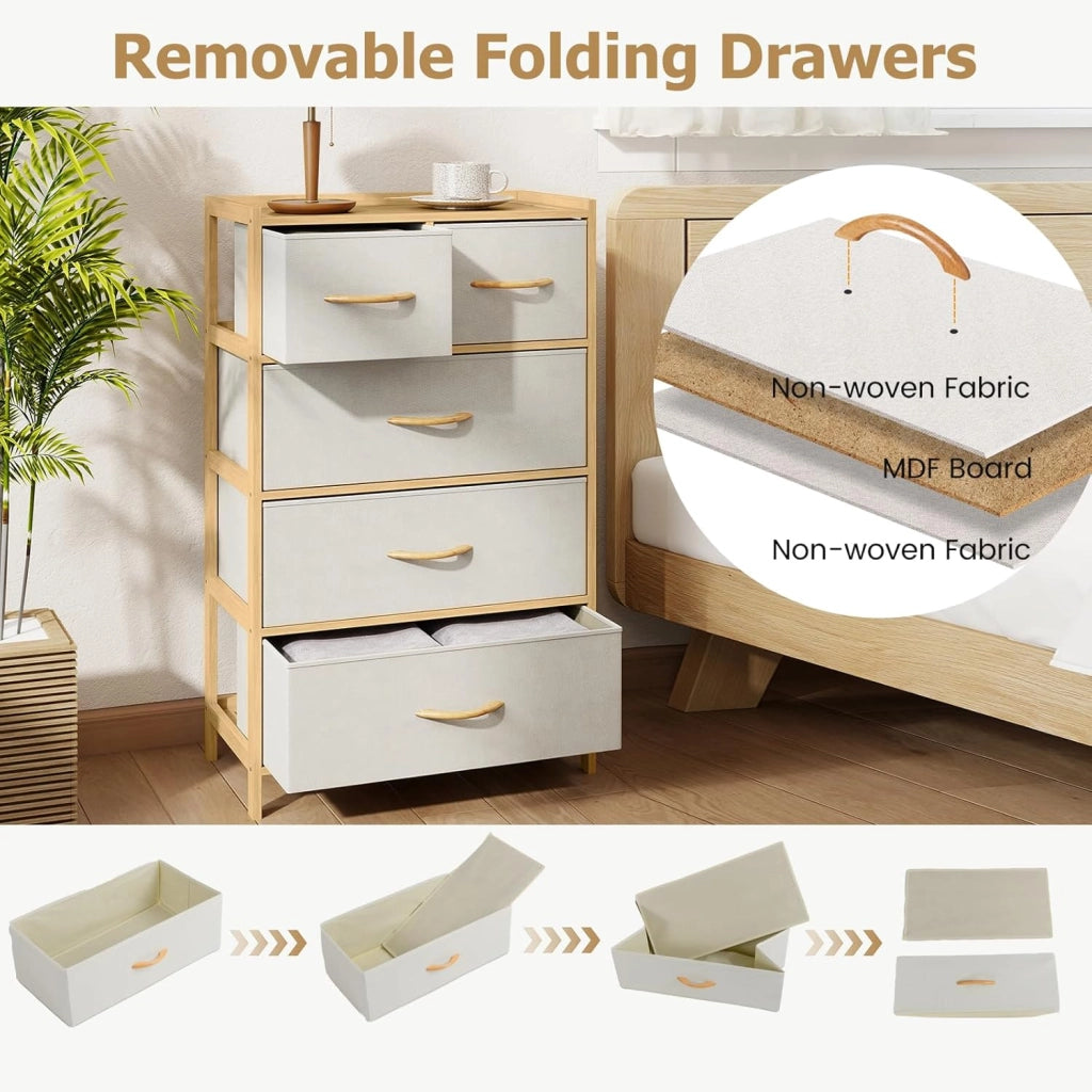 Cassettiera con 5 cassetti in tessuto pieghevole, con telaio in bambù e protezione antiribaltamento, armadio verticale per camera da letto, soggiorno, ufficio, 58 x 30 x 94 cm
