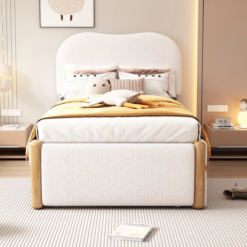 Letto imbottito 90x200 cm con letto estraibile, bianco, struttura in Plush e MDF