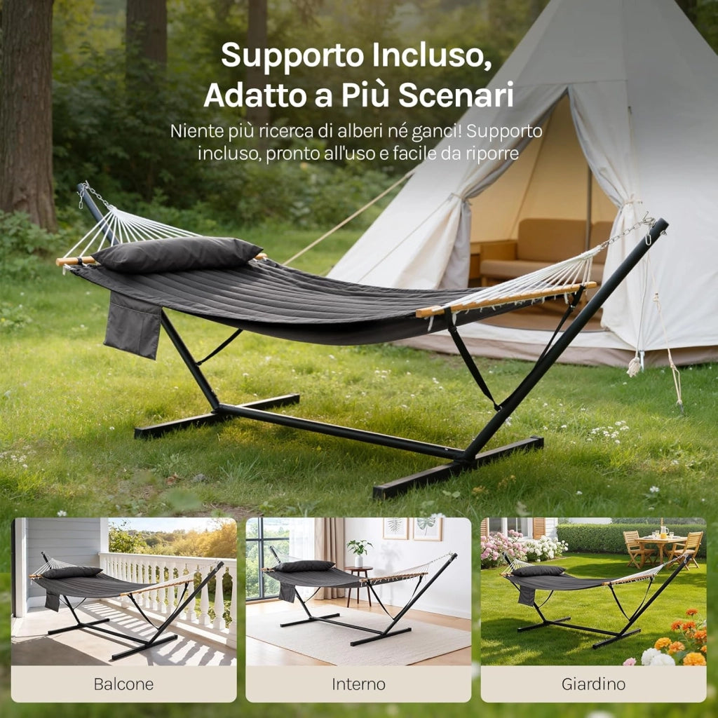 Amaca da Giardino con Supporto, Tasca Laterale e Cuscino, Capacità di Carico 250 kg, Ampia Amaca Doppia per Terrazza, Balcone, Campeggio, Grigio Scuro