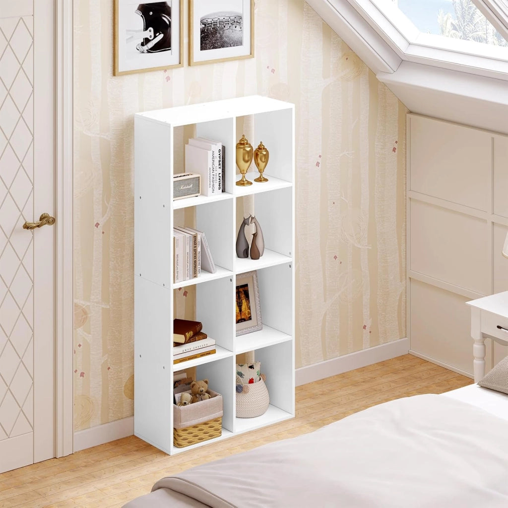 Scaffale da Soggiorno a 4 Ripiani, Libreria in Legno Salvaspazio con 8 Cubi Portaoggetti, Mobile Multiuso Moderno Bianco, per Studio, Camera da Letto, Cucina, Ufficio, 71x29x140.5cm