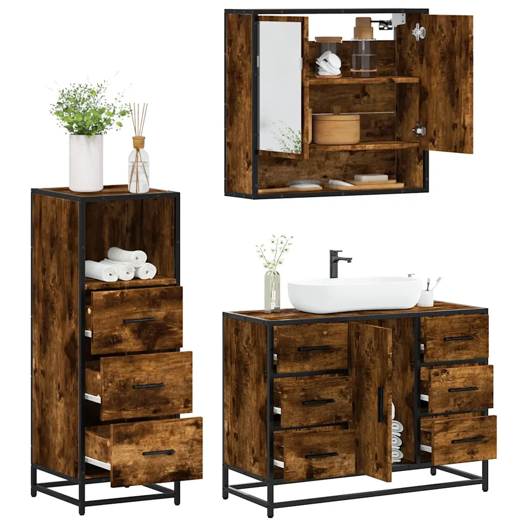 Set Mobili da Bagno 3 pz Rovere Fumo in Legno Multistrato