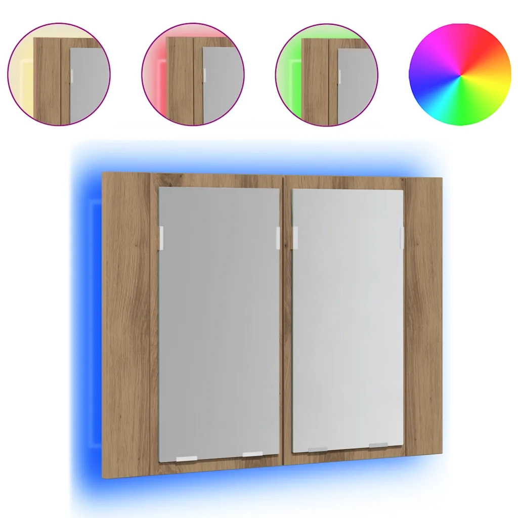 Mobiletto a specchio salvaspazio con illuminazione a LED 60 x 12 x 45 cm design moderno mobiletto da bagno in legno di rovere realizzato a mano 02_0050834