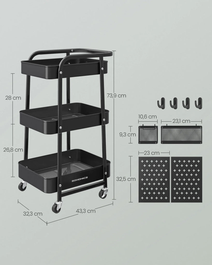 Carrello portaoggetti 3 ripiani in rete metallica 2 pannelli forati estraibili 2 ripiani appendiabiti 4 ganci per ufficio cucina soggiorno bagno nero 12_0005011