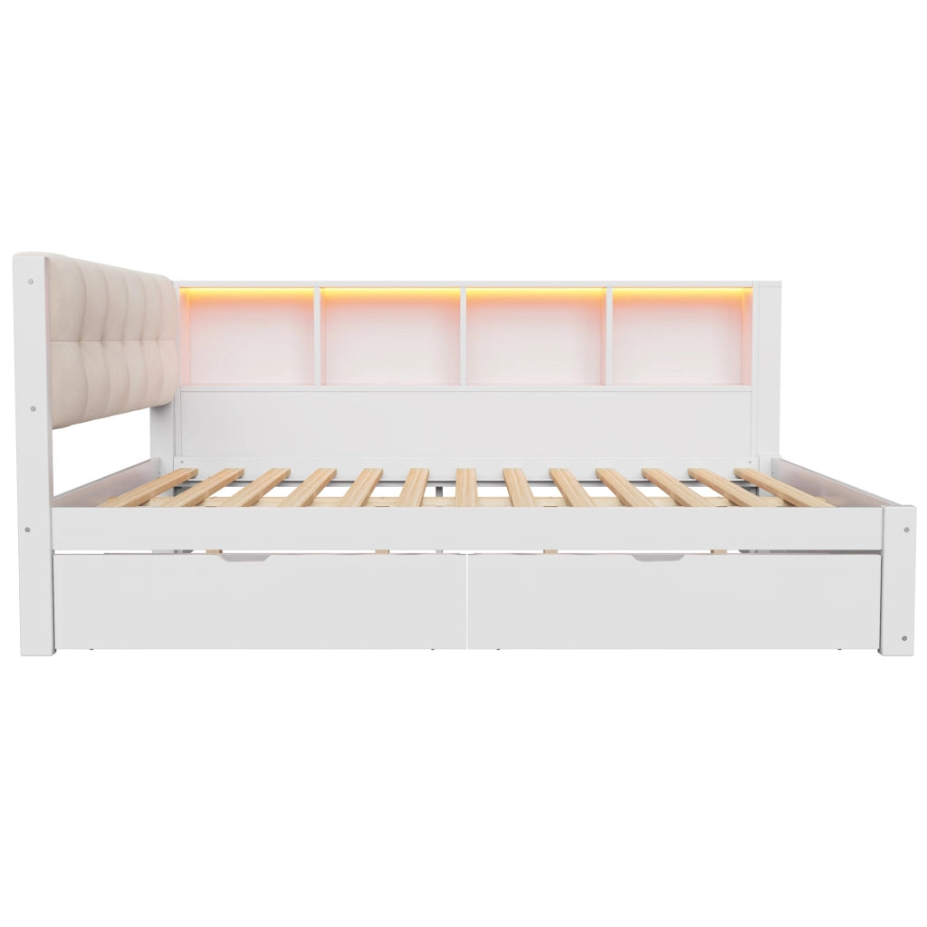 Letto daybed 140×200 cm; letto singolo con 2 cassetti; ripiani; USB e LED regolabile; senza materasso; bianco