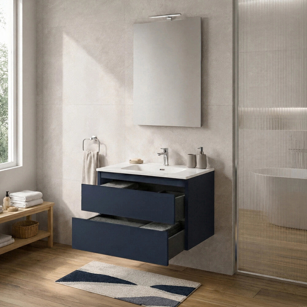 Mobile bagno sospeso 70 cm blu due cassetti push-pull e lavabo Tierra