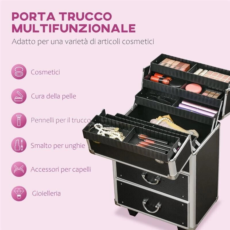 VALIGETTA TROLLEY PER MAKE UP PROFESSIONALE RINFORZATA , BLOCCO CON 2 CHIAVI E RUOTE, NERO 36X23X58 CM