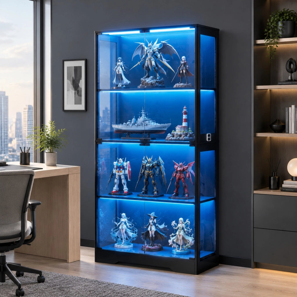 Vetrina in vetro 80 x 35 x 165 cm nera con LED, sensore, 4 ripiani