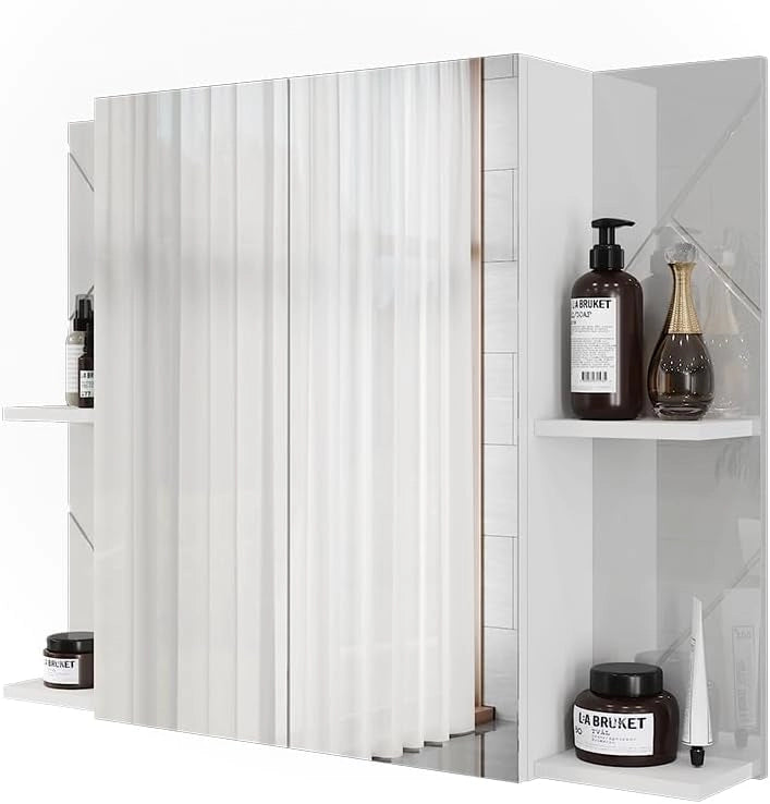 Mobile a specchio per il bagno Irma, Bianco/bianco lucido, 100 x 75 cm con 2 porte, con specchio e ripiani regolabili