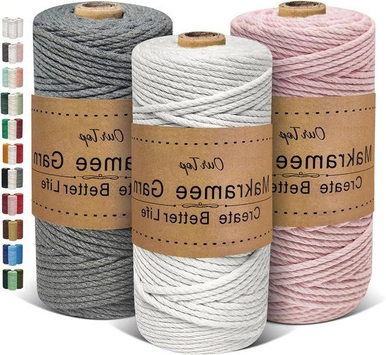 Set di Filato Macrame Premium da 3 pezzi - 3 mm x 100 m - per Artigianato, Tessitura, Decorazione, Porta Piante (Tono Cenere Naturale)