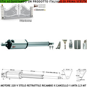 Motore Elettromeccanico Stelo Retrattile Corsa 400 mm 230 V Per Cancello Battente Anta 2,5 Metri Spinta 250 Kg Sblocco a Chiave Ricambio Universale Automazione Securvera Completo di Staffe Bulloni