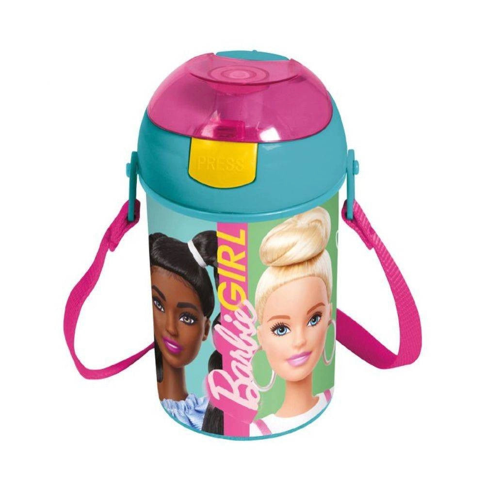 Trade Shop - Borraccia Barbie Bambine Con Tracolla Con Tappo A Pulsante In Plastica 450ml -
