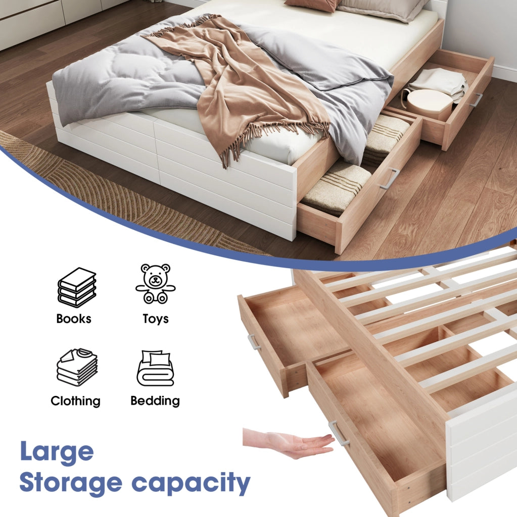 Letto matrimoniale 180x200 cm con 2 cassetti; rete a doghe; bianco e rovere
