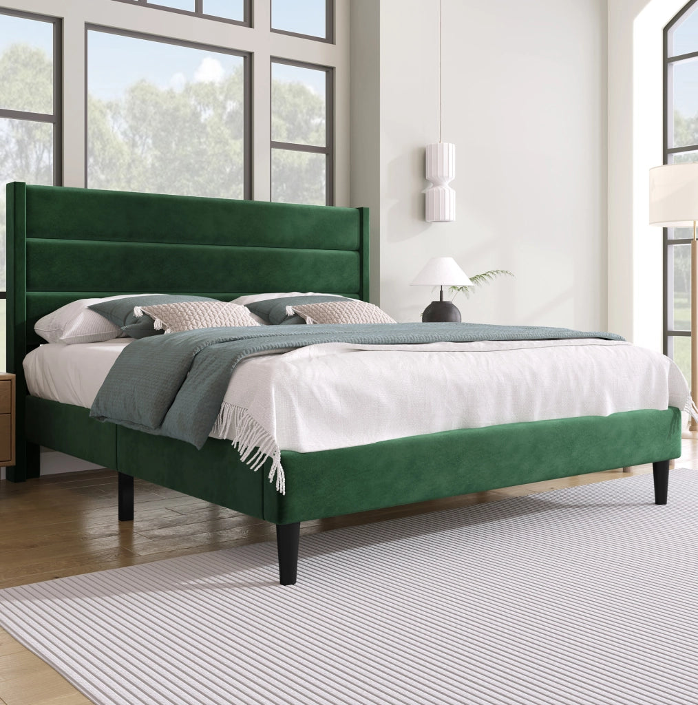 Letto imbottito matrimoniale 140x200 cm in velluto verde scuro con testiera e rete a doghe