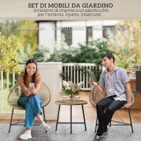 Set da Giardino 3 Pezzi in Rattan PE e Acciaio con 2 Sedie Ovali e Tavolino da Caffè, Nero e color Legno