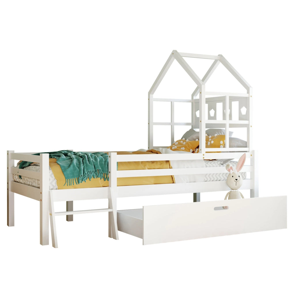 Letto a castello per bambini 207x97x159 cm con scala e cassetto; legno; bianco