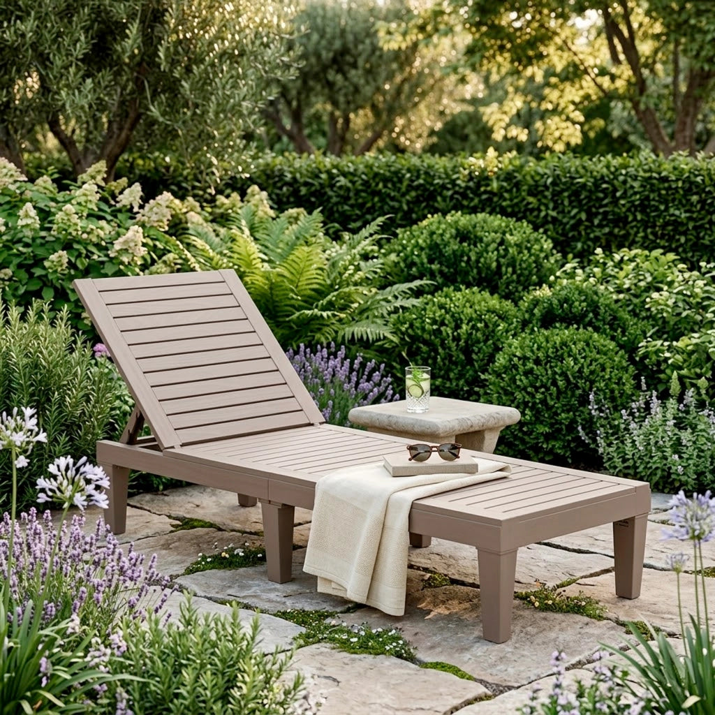 Lettino Prendisole Con Schienale Reclinabile 5 Posizioni In Polipropilene Effetto Legno Sdraio Da Piscina Giardino Spa 190 x 57.5 x 29 Cm Marrone
