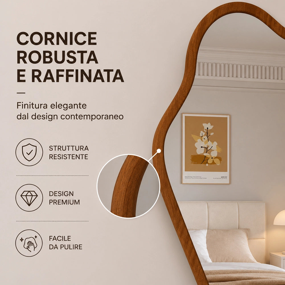 Specchio Asimmetrico da Parete Noce Cornice Legno Decorazione Interni 46x60 cm