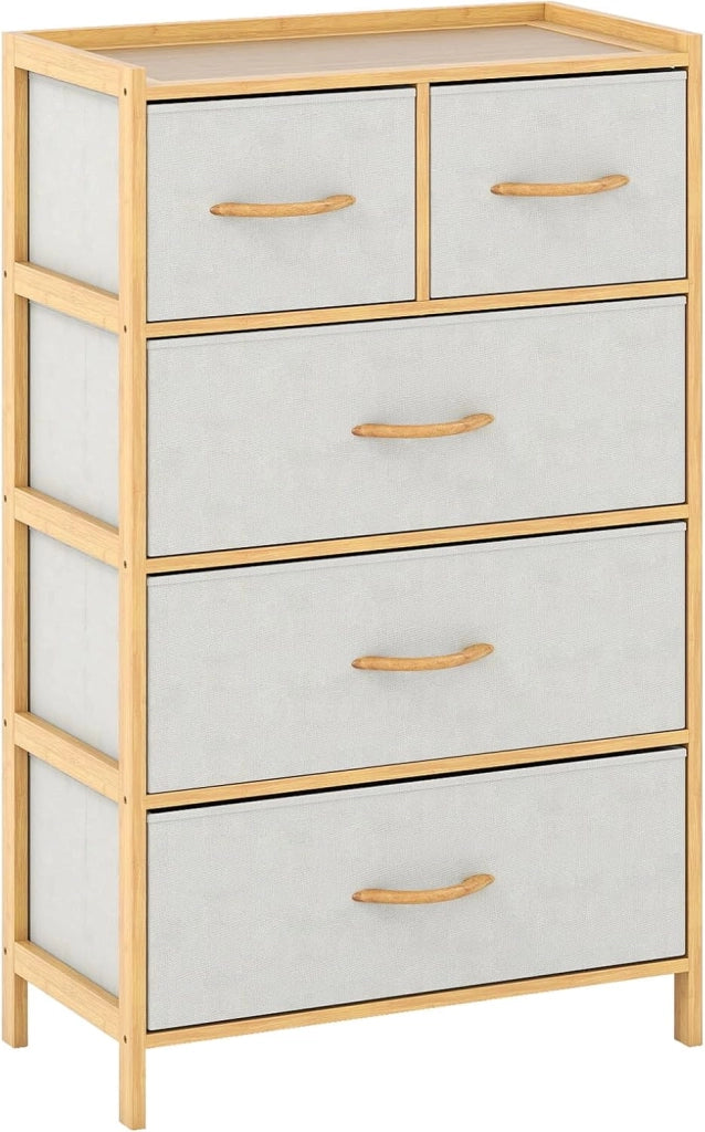 Cassettiera con 5 cassetti pieghevoli in tessuto, armadio con cassetti e telaio in bambù, armadio portaoggetti in tessuto, organizer per soggiorno, 58 x 30 x 94 cm