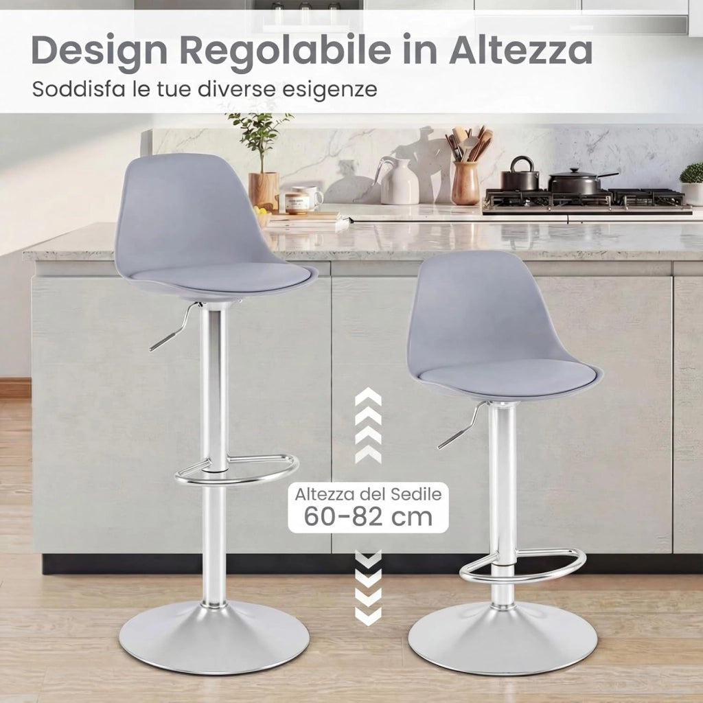 Set da 2 Sgabelli da Bar, Sedie da Banco alte Rivestite in Ecopelle con Schienale, Sedili Imbottiti e Poggiapiedi, Sgabelli Girevoli Regolabili per Bar Domestici e Isole Cucina (Grigio)