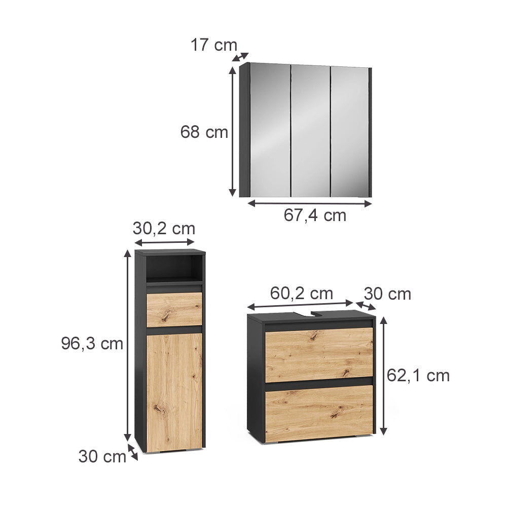 Vicco Set di mobili da bagno Antracite/Artisan 3 parti