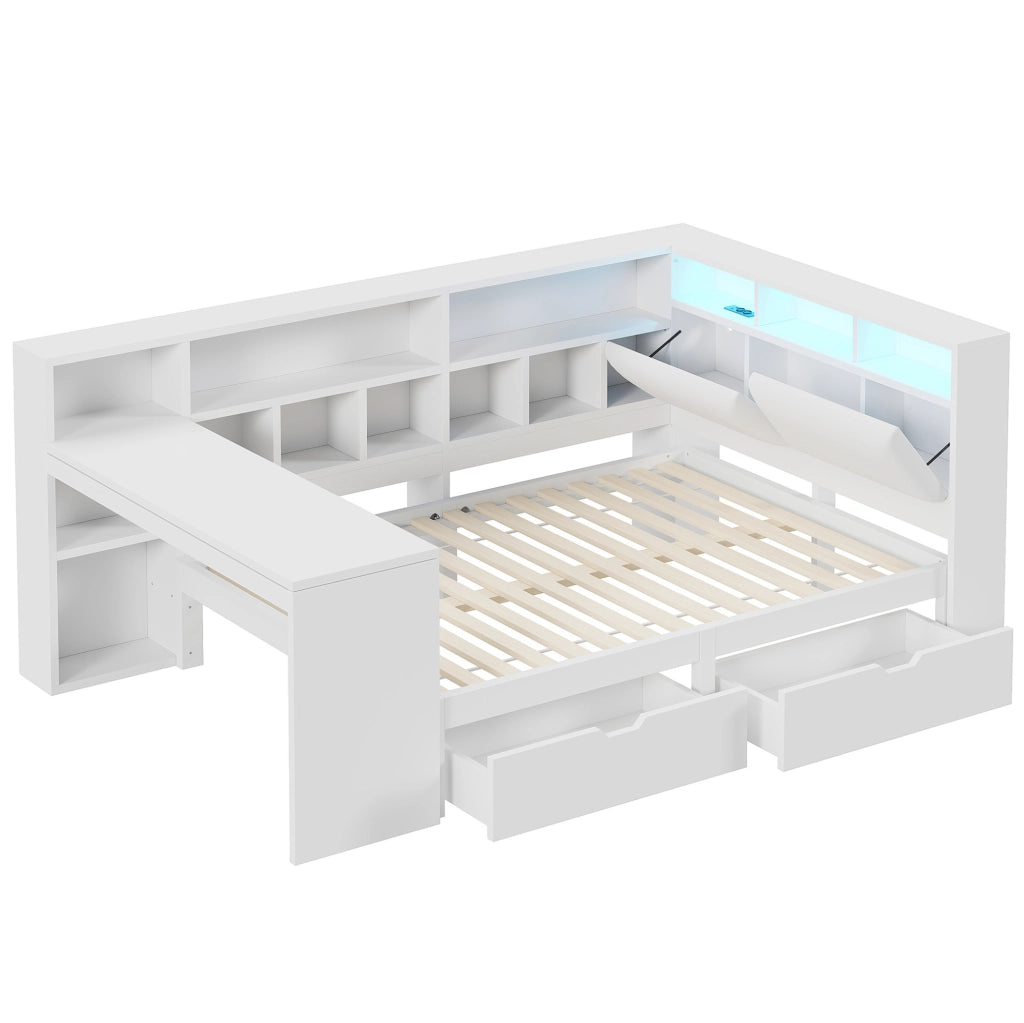 Letto a piattaforma a L 140x200 cm con scrivania; libreria; LED e USB; bianco