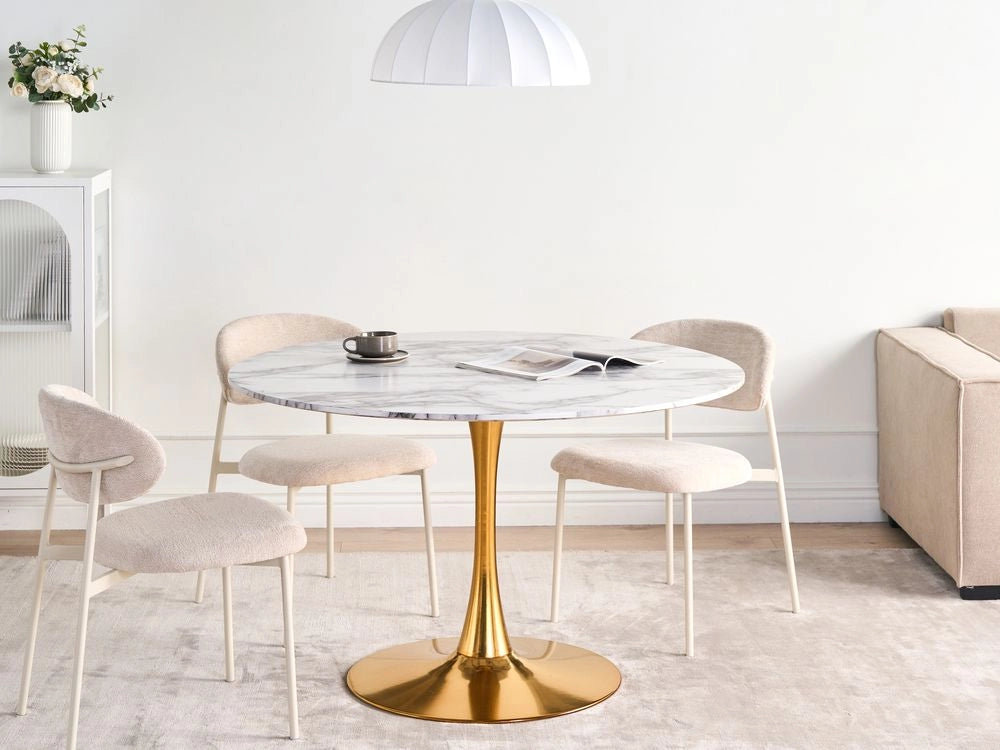 Tavolo da pranzo rotondo bianco effetto marmo con piano in MDF oro ø 120 cm Base in metallo 4 posti Cucina