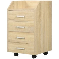 Cassettiera da Ufficio in Legno con 4 Cassetti, Ruote e Bordi Rialzati, 40x36x65cm, Legno Naturale