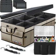 Organizzatore di bagagliaio, bagagliaio a cassetti, bagagliaio pieghevole con contenitori, base antiscivolo, cinture di sicurezza regolabili, coperchio pieghevole (marrone, dimensione XL con ventilatore)
