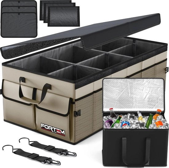 Organizzatore di bagagliaio, bagagliaio a cassetti, bagagliaio pieghevole con contenitori, base antiscivolo, cinture di sicurezza regolabili, coperchio pieghevole (marrone, dimensione XL con ventilatore)