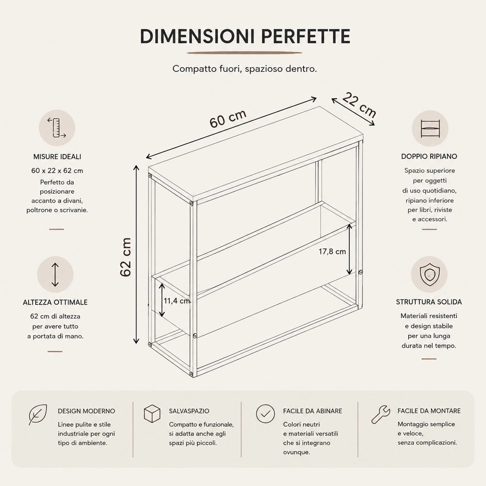 Tavolino Laterale Divano a 2 Ripiani Tavolo Multiuso Bianco e Sabbia 60x22x62cm