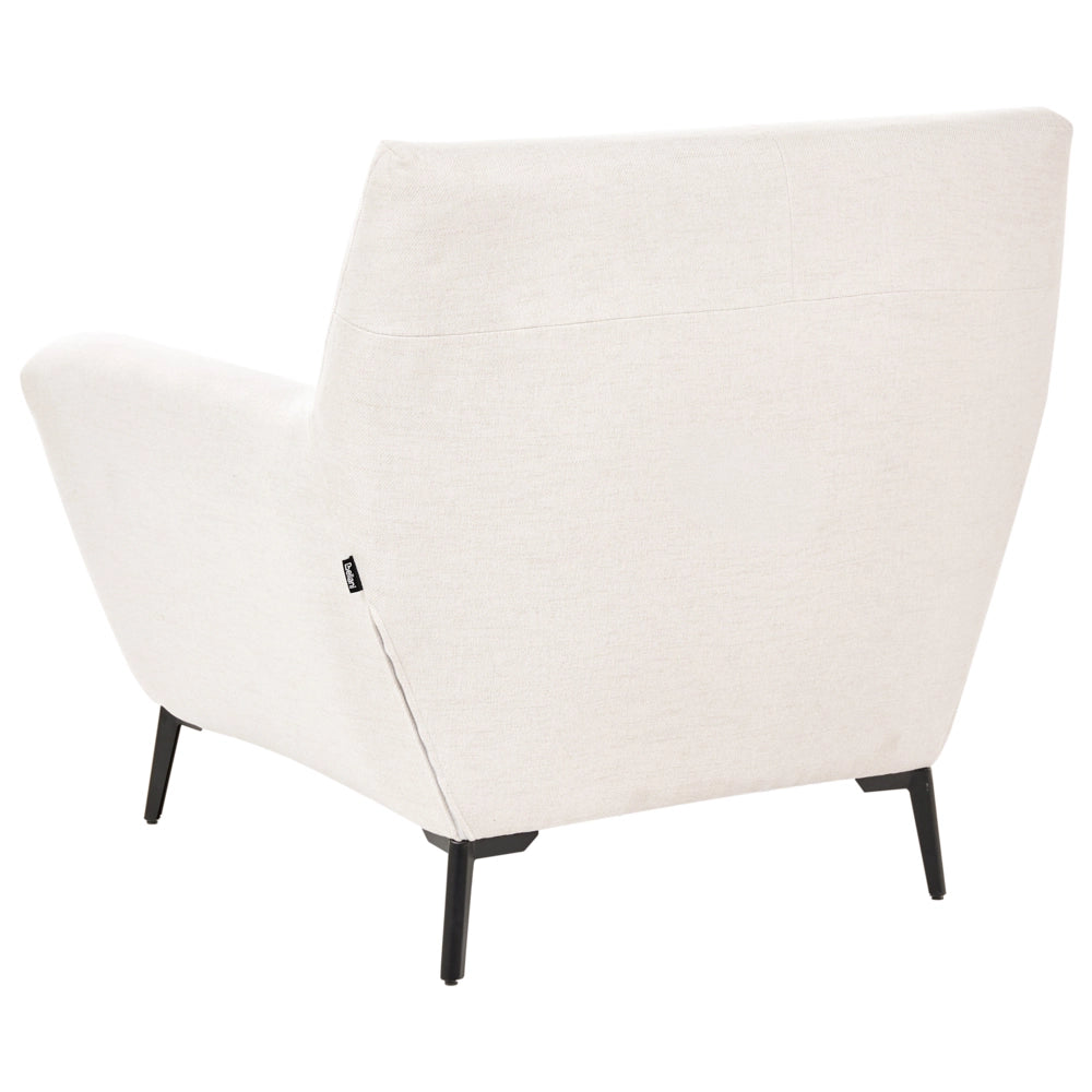 Poltrona in tessuto bianco sporco con braccioli, trapuntatura decorativa e gambe in metallo nero angolo lettura moderno per il soggiorno