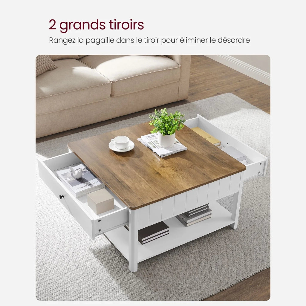 Tavolino da caffè tavolo da soggiorno tavolino laterale con 2 grandi cassetti gambe ampio spazio di archiviazione stile nautico 80 x 80 x 45 cm per soggiorno bianco 12_0007499