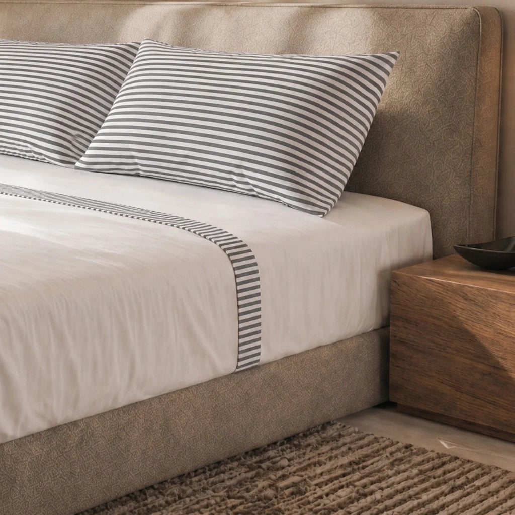 Set Lenzuola Letto Matrimoniale in Puro Cotone | Completo Letto 2 Piazze | Lenzuolo con angoli, Lenzuolo Piano e 2 Federe | Lenzuola in Cotone con Balza a Righe Grigio
