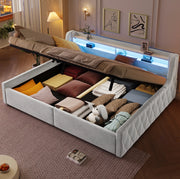Letto imbottito 140x200 cm con LED e vano contenitore beige