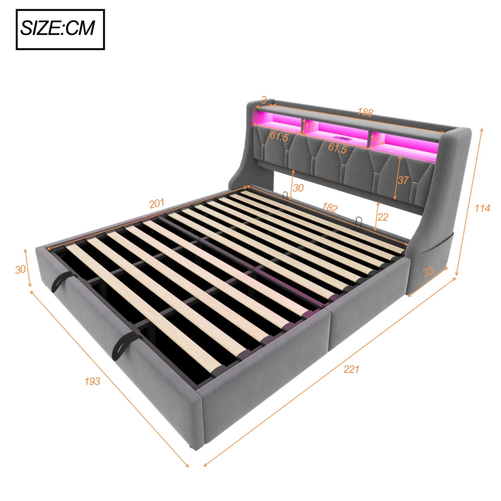 Letto matrimoniale imbottito 180x200 cm con contenitore idraulico, testiera ribaltabile, LED, prese USB e Type-C, velluto grigio