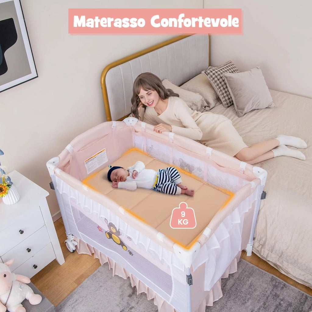 Lettino da Campeggio per Bambini, Culla Pieghevole con Fasciatoio Zanzariera, Box Neonati con Giocattoli, Ruote, per Bambini 0-36 Mesi (Rosa)