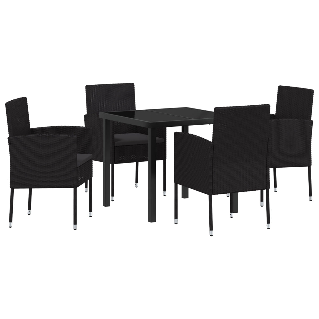 Set da Pranzo da Giardino 5 Pezzi con Cuscini Neri in Rattan Poligonale