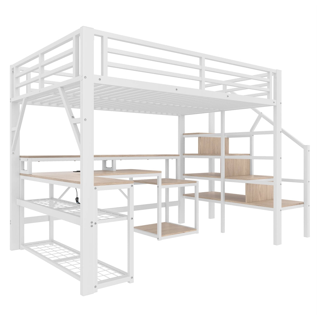 Letto a Soppalco con Scrivania e LED ¨C MINIMAL ¨C Bianco, 140x200, Metallo